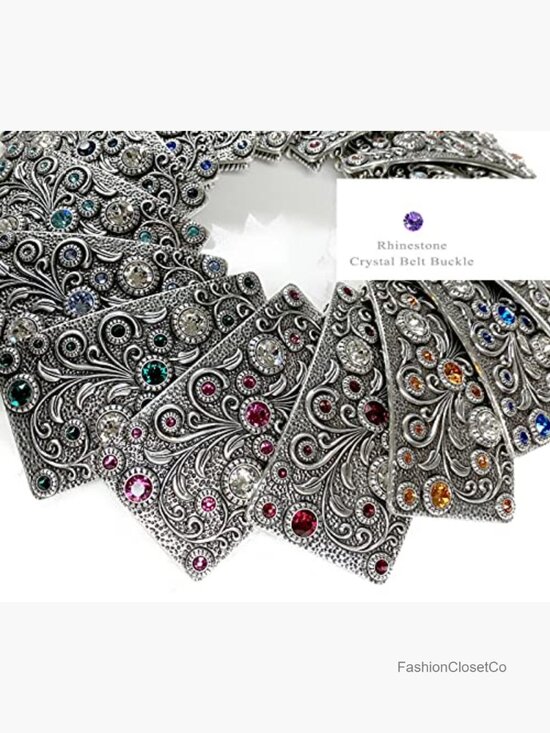 Rhinestone Crystal Belt Buckle Antique Brass Rectangle Floral Engraved main image 2
